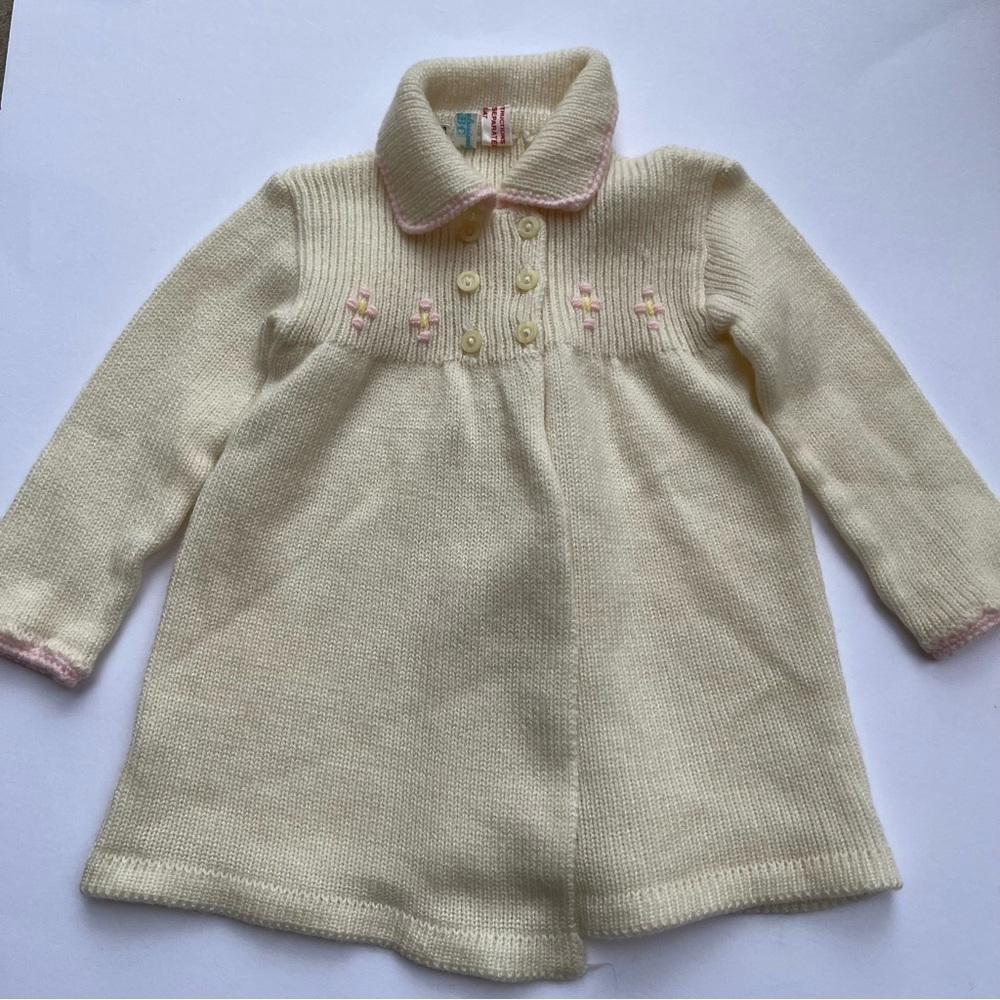 Vtg Knitted Cream Floral Pink Newborn Baby Sweater Coat